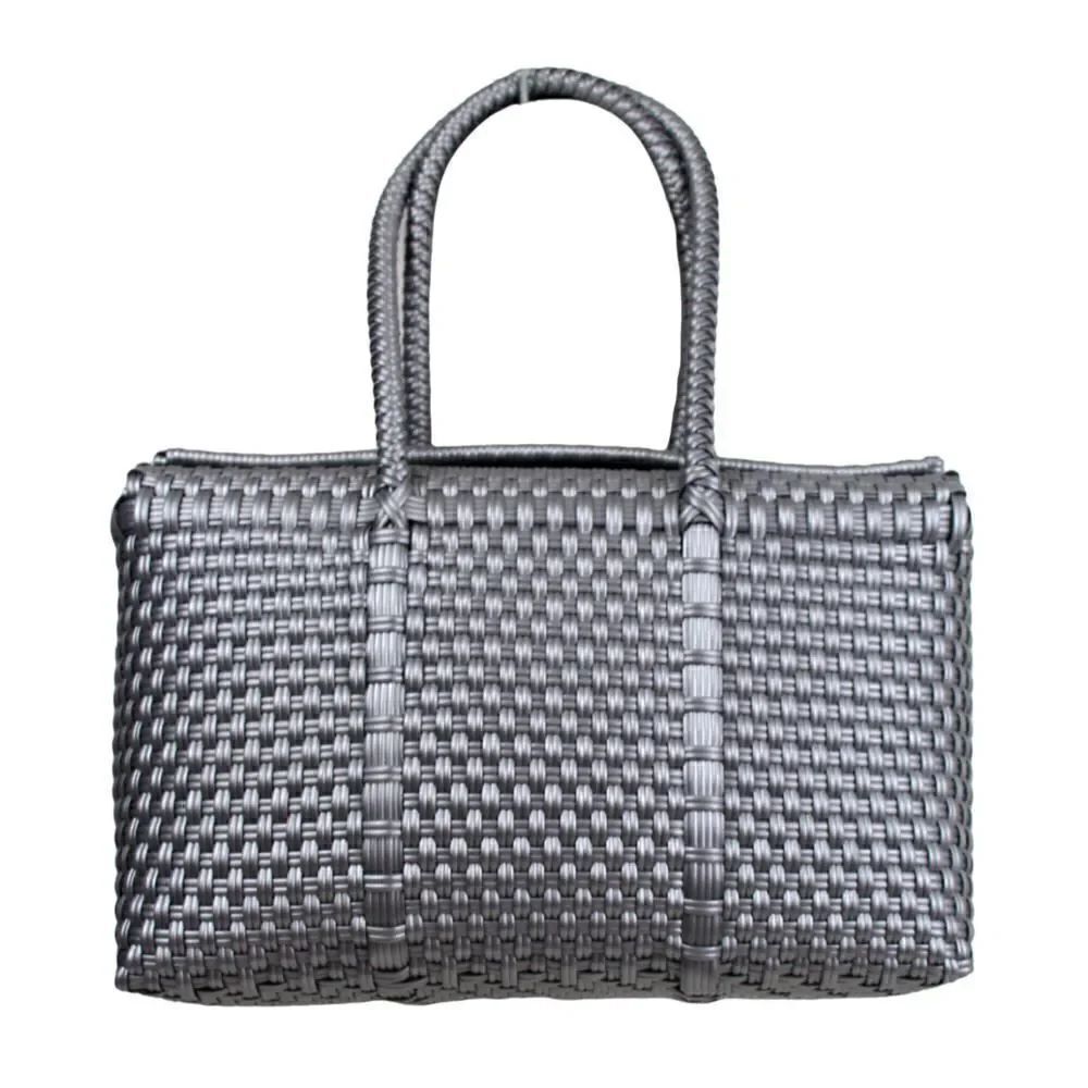 HANDCRAFTED BRAIDEDย SILVERโGRAYโPLASTICโBASKETโSATCHELโSHOULDERโBAGโHANDBAG
